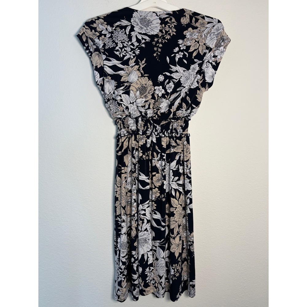 Enfocus Petite Navy Floral V-Neck Smocked Waist Midi Dress 8P 513591